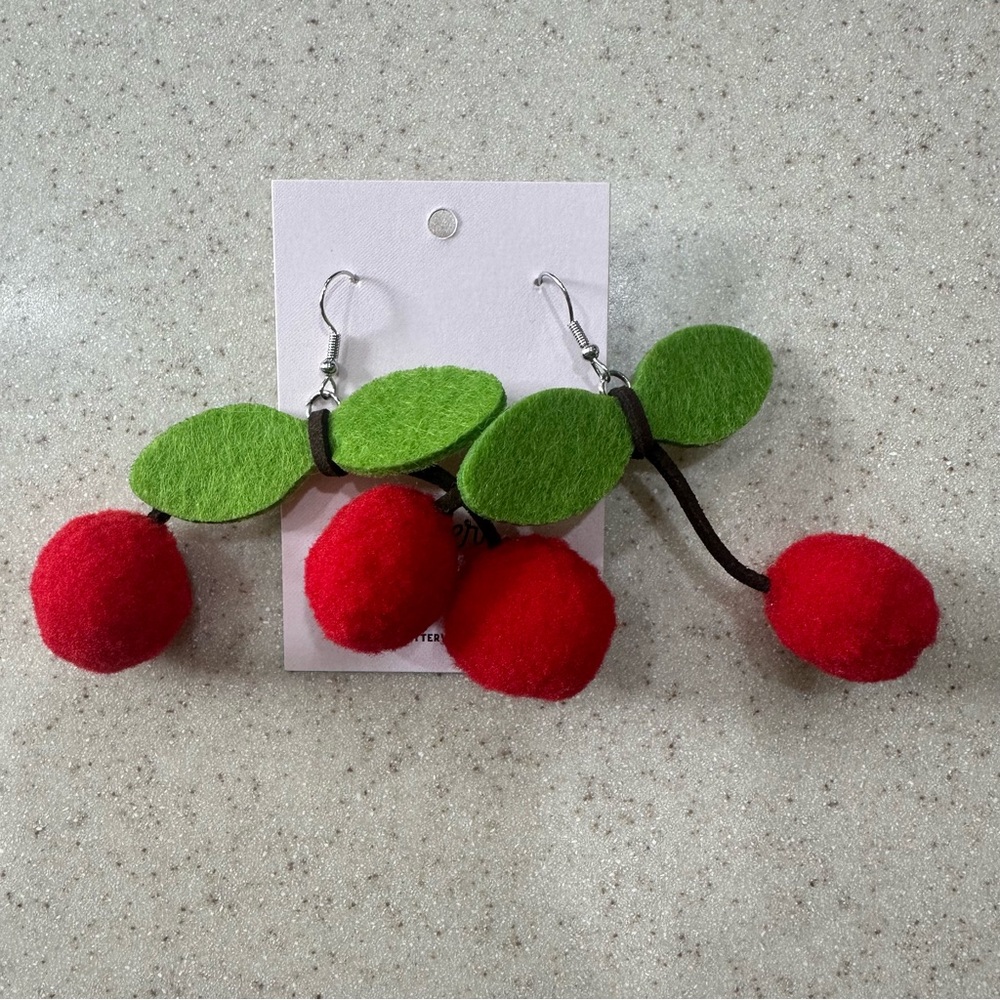 NWT Handmade Cherries Red and Green Felt Pom Pom Earrings Glitter Workshop